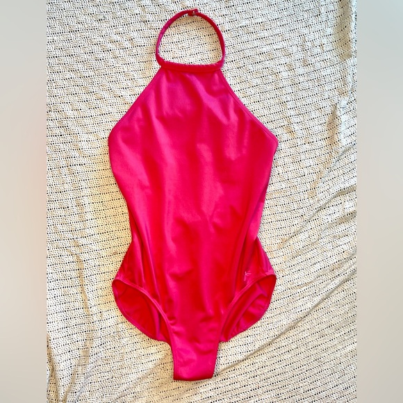 Hot Pink Halter Leo by Danskin, Adult Petite Dance Leotard w Bust Panel - Picture 3 of 8